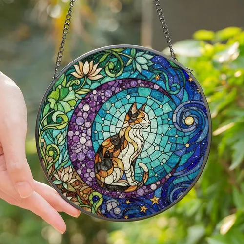 Cat Lovers' Intricate Tiffany Stained Glass Calico Cat Crescent Moon Jewel Tone Teal Purple Amber Edge-to-Edge Mosaic Stained Glass Suncatcher