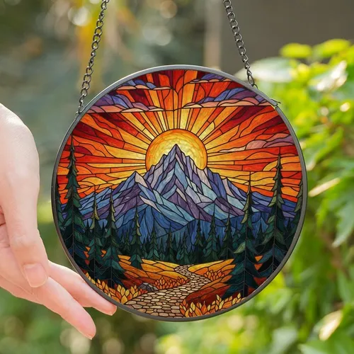 Nature Lovers' Dramatic Stained Glass Mountain Sunset Luminous Moon Jagged Peaks Evergreen Forest Fiery Tones Stained Glass Suncatcher