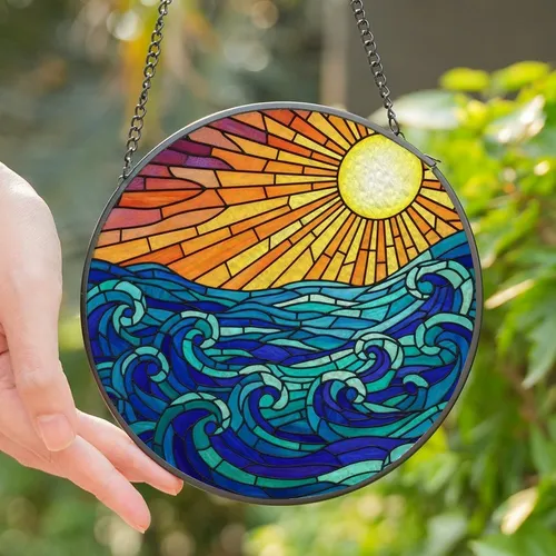 Art Lovers' Tiffany Stained Glass Radiant Sun Ocean Mosaic Vibrant Yellow Orange Teal Blue Purple Stained Glass Suncatcher