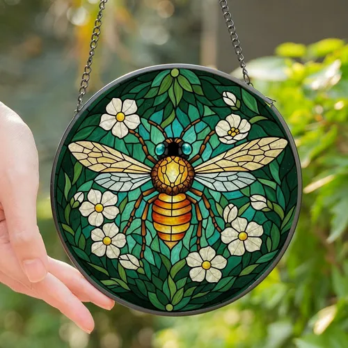 Nature Lovers' Vibrant Golden-Orange Bee Tiffany Stained Glass Floral Foliage Mosaic Stained Glass Suncatcher