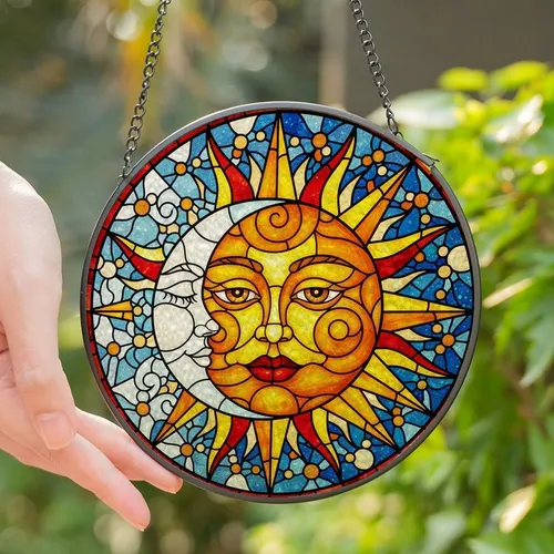 Art & Design Lovers' Tiffany Stained Glass Sun Moon Face Duality Mosaic White Orange Gold Blue Teal Jewel Tones Stained Glass Suncatcher