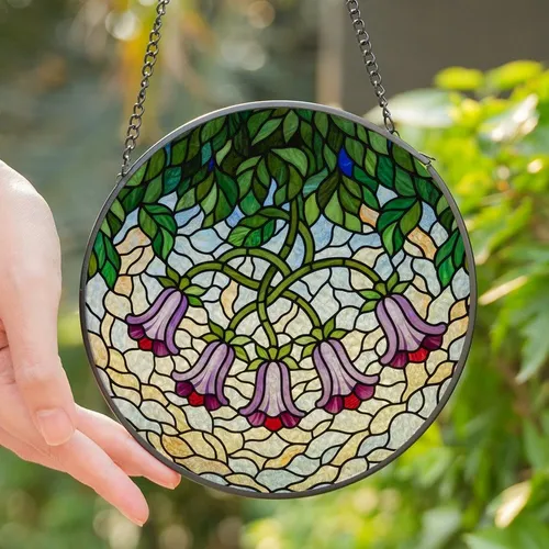 Art Lovers' Stained Glass Bell Flower Mosaic Design Deep Purple Emerald Green Sky Blue Stained Glass Suncatcher