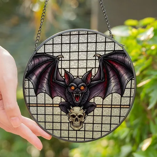 Dark Fantasy Art Lovers' Fierce Bat Skull Glowing Eyes Tiffany Stained Glass Geometric Dark Jewel Tone Mosaic Stained Glass Suncatcher