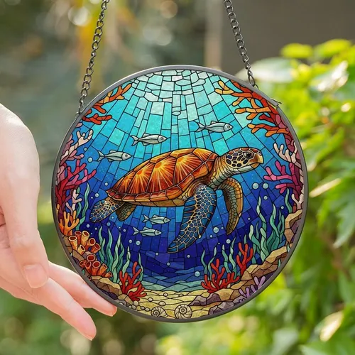 Ocean Enthusiasts' Vibrant Tiffany Glass Sea Turtle Coral Reef Jewel Tone Mosaic Stained Glass Suncatcher