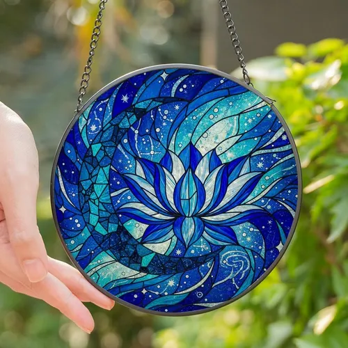 Celestial Art Lovers' Tiffany Stained Glass Blue Lotus Moon Cosmic Nebula Mosaic Stained Glass Suncatcher