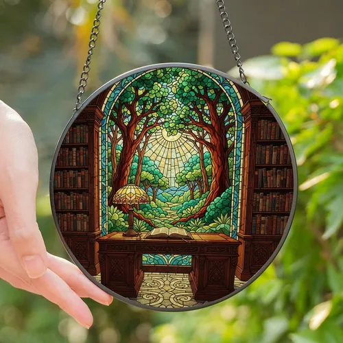 Readers & Dreamers' Tiffany Stained Glass Ornate Desk, Bookshelves, Sunlit Nature Vista, Jewel Tones Stained Glass Suncatcher