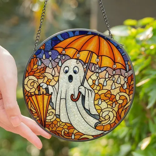 Autumn Art Lovers' Whimsical Stained Glass Ghost Orange Umbrella Autumn Leaf Raindrop Mosaic Jewel Tones Stained Glass Suncatcher