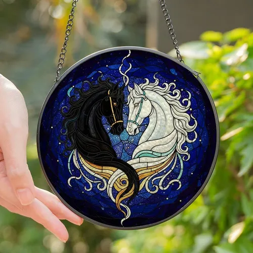 Horse Lovers' Tiffany Stained Glass Embracing Equine Heads Cosmic Void Gold & Teal Accents Stained Glass Suncatcher