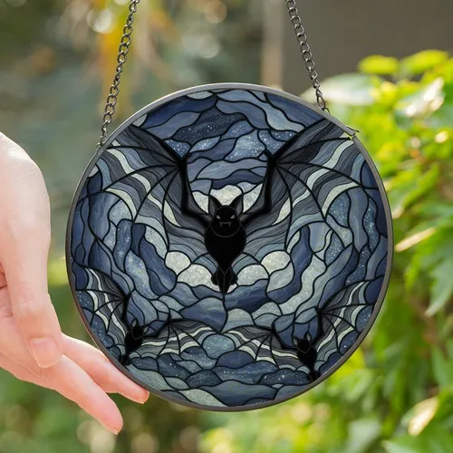 Nocturnal Art Enthusiasts' Intricate Stained Glass Bat Mosaic Black Grey Blue-Grey Nightscape Stained Glass Suncatcher