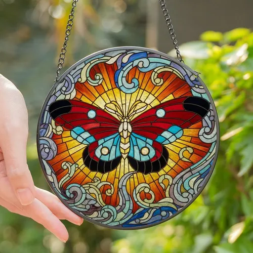 Art Lovers' Tiffany Style Stained Glass Moth Butterfly Red Blue Yellow Black Mosaic Art Stained Glass Suncatcher
