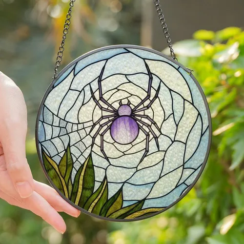 Nature Lovers' Intricate Tiffany Stained Glass Spider & Snake Plant Jewel Tone Mosaic Stained Glass Suncatcher