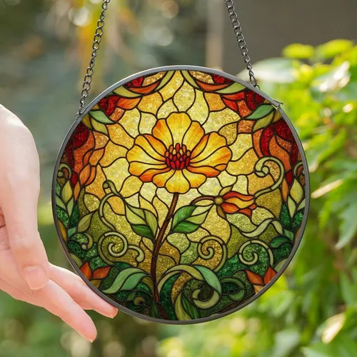 Art Enthusiasts' Vibrant Tiffany Stained Glass Yellow Flower Garden Mosaic Green Leaves Orange Buds Stained Glass Suncatcher