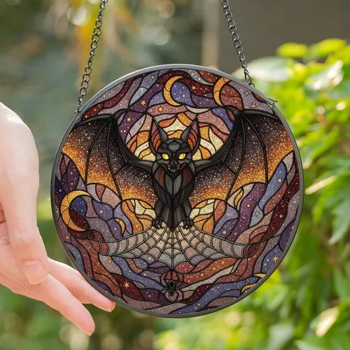 Fantasy Lovers' High Contrast Tiffany Stained Glass Bat Spiderweb Cosmic Dust Amethyst Amber Design Stained Glass Suncatcher