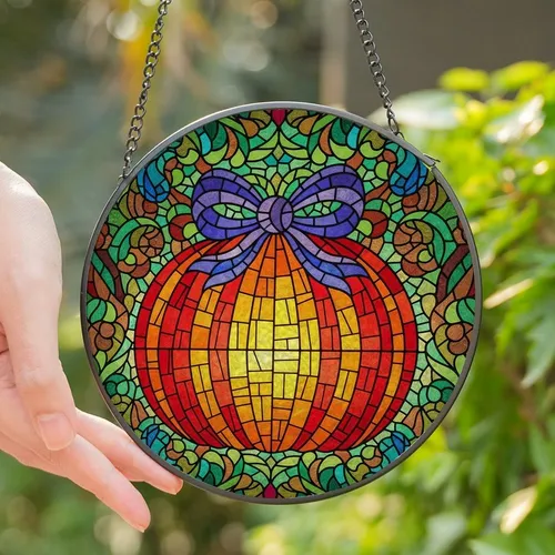 Art Lovers' Stained Glass Tiffany Style Pumpkin Mosaic Ornate Bow Edge-to-Edge Intricate Jewel Tones Stained Glass Suncatcher