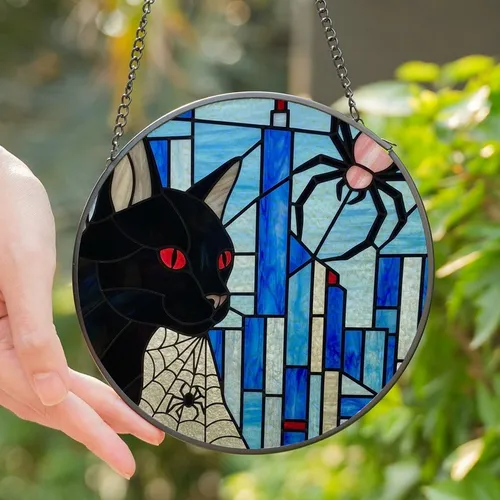 Cat Lovers' Intricate Stained Glass Black Cat Ruby Red Eyes Rose Pink Spider Urban Mosaic Design Stained Glass Suncatcher