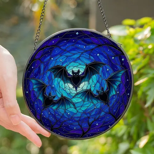 Fantasy Art Enthusiasts Tiffany Stained Glass Bats Azure Blue Teal Moonlit Sky Mosaic Stained Glass Suncatcher