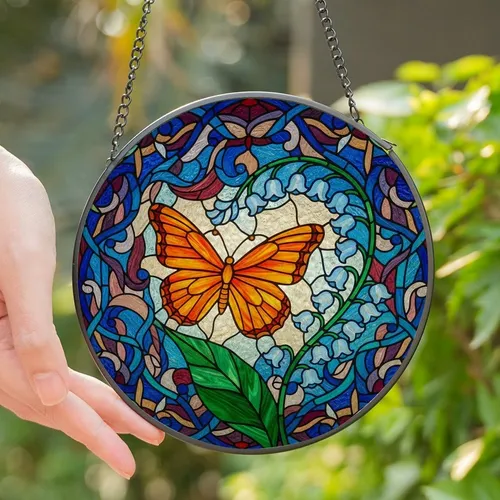 Nature Lovers' Vibrant Tiffany Stained Glass Orange Butterfly Floral Mosaic Stained Glass Suncatcher