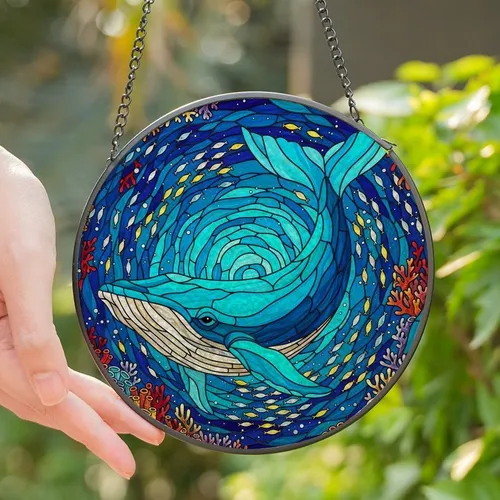 Ocean Enthusiasts' Vibrant Stained Glass Whale Turquoise Amber Deep Sea Coral Mosaic Art Stained Glass Suncatcher