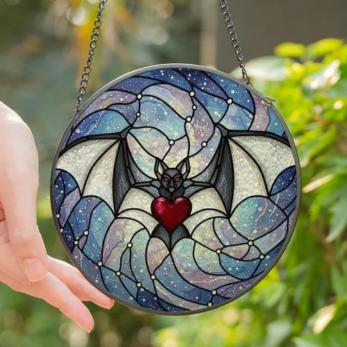 Fantasy Art Lovers' Vibrant Stained Glass Bat, Deep Red Heart, Cosmic Nebula Mosaic Pattern Stained Glass Suncatcher