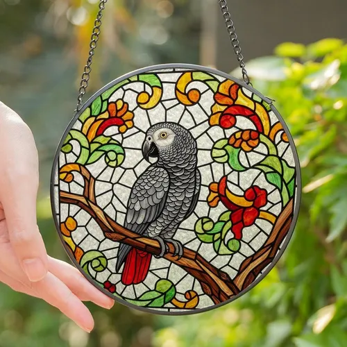 Bird Lovers' Vibrant Tiffany Style African Grey Parrot Stained Glass Mosaic with Autumnal Foliage Stained Glass Suncatcher