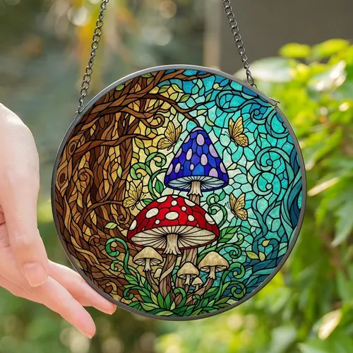 Whimsical Art Fans' Vibrant Stained Glass Mushrooms Enchanted Forest Mosaic Stained Glass Suncatcher