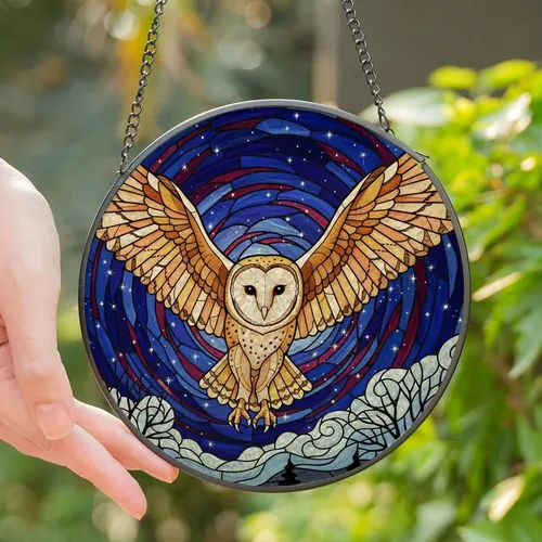 Nature Lovers' Intricate Stained Glass Barn Owl Soaring Jewel Tone Starlit Sky Mosaic Stained Glass Suncatcher