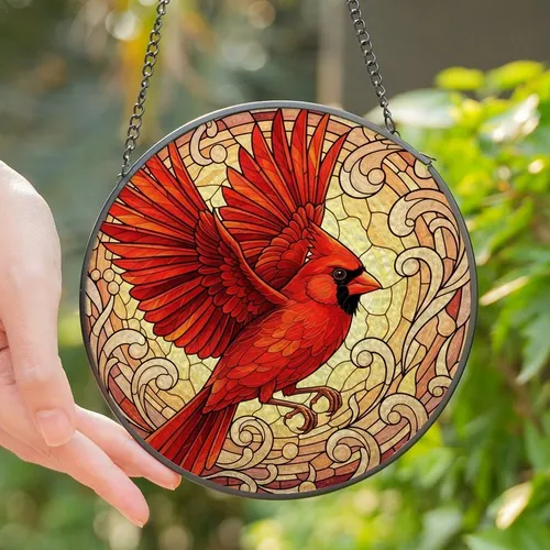 Art Lovers' Edge-to-Edge Stained Glass Red Cardinal Dynamic Flight Jewel Tones Stained Glass Suncatcher