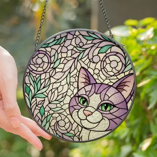 Cat Lovers' Curious Lavender Cat Emerald Eyes Stained Glass Swirling Leaf Mosaic Art Stained Glass Suncatcher