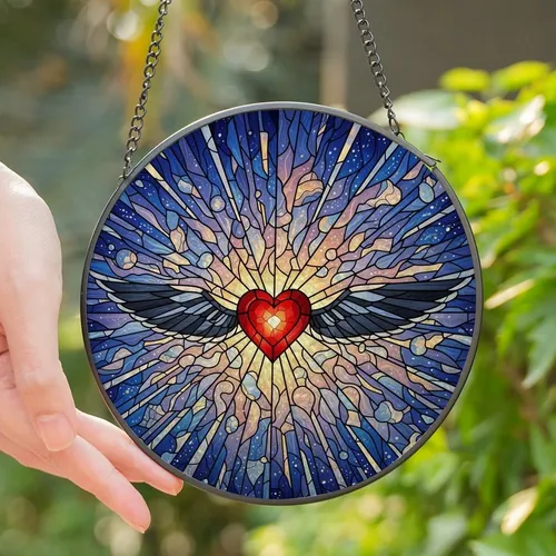 Art Lovers' Vibrant Stained Glass Heart with Ornate Wirework Wings & Ethereal Celestial Mosaic Stained Glass Suncatcher