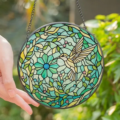 Nature Lovers' Intricate Tiffany Stained Glass Hummingbird Flower Mosaic Jewel Tones Teal Green Pink Blue Stained Glass Suncatcher