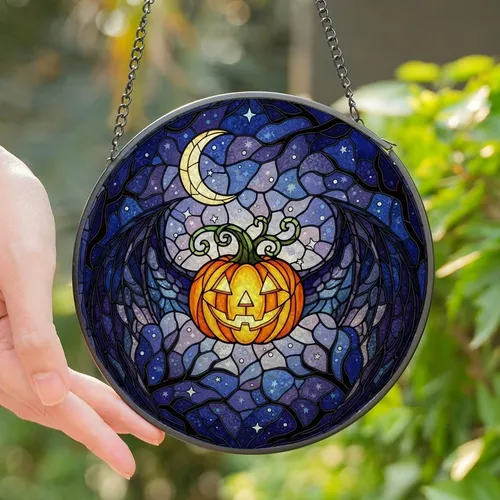 Halloween Enthusiasts' Tiffany Style Stained Glass Jack-o'-Lantern Bat Wing Mosaic Orange Green Pattern Stained Glass Suncatcher
