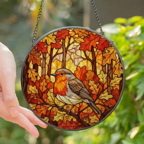 Nature Lovers' Vibrant Edge-to-Edge Stained Glass Robin Bird Autumnal Forest Mosaic Orange Amber Jewel Tones Stained Glass Suncatcher