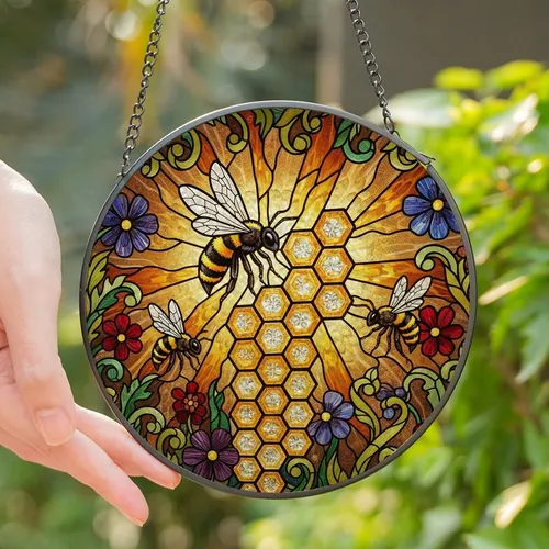 Nature Lovers' Tiffany Style Stained Glass Honey Bee Honeycomb Golden Yellow Amber Floral Meadow Mosaic Design Stained Glass Suncatcher