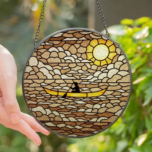 Nature Lovers' Tiffany Style Stained Glass Solitary Canoe Paddler Yellow Amber Cloud Mosaic Stained Glass Suncatcher