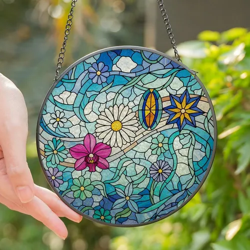 Floral Art Lovers' Edge-to-Edge Tiffany Stained Glass Orchid Daisy Star-Flower Mosaic Dark Blue Amethyst Stained Glass Suncatcher