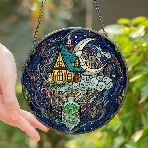 Fantasy Art Lovers' Glowing Jewel Tone Stained Glass Whimsical House Cosmic Celestial Art Stained Glass Suncatcher