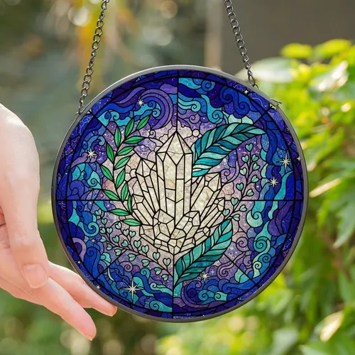Art & Nature Lovers' Intricate Stained Glass Geometric Crystal Botanical Celestial Mosaic in Emerald Teal Aqua Jewel Tones Stained Glass Suncatcher