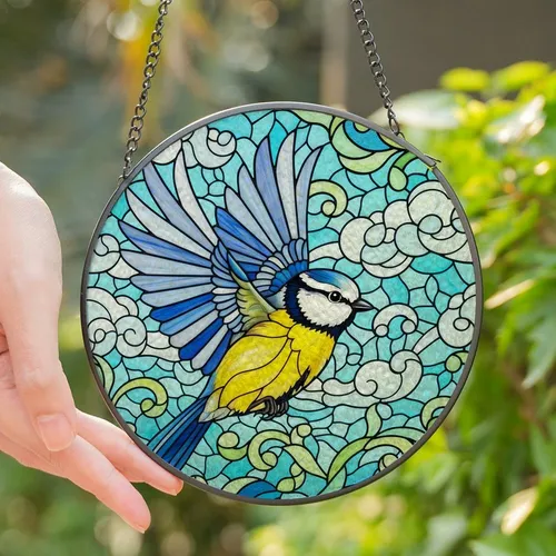 Nature Lovers' Vibrant Yellow Blue Tit Tiffany Stained Glass Mosaic, Sky Blue Royal Blue Abstract Jewel Tones Stained Glass Suncatcher