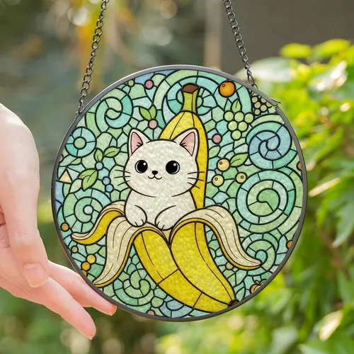 Whimsical Art Lovers' Stained Glass Chubby Cat Banana Tiffany Style Blue Yellow Green Mosaic Stained Glass Suncatcher