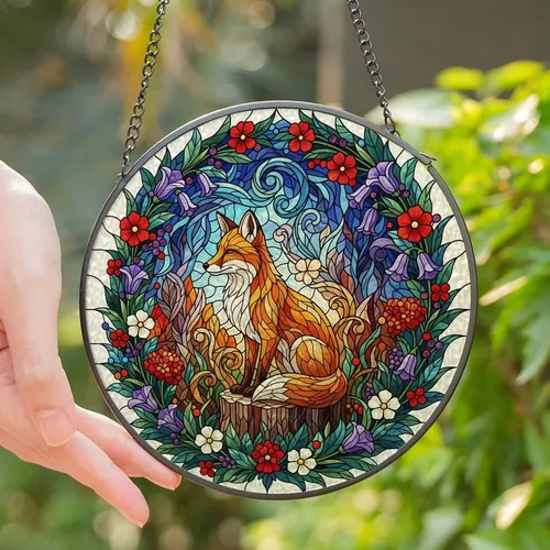 Nature Lovers' Vibrant Stained Glass Fox Wildflower Forest Mosaic Art Stained Glass Suncatcher