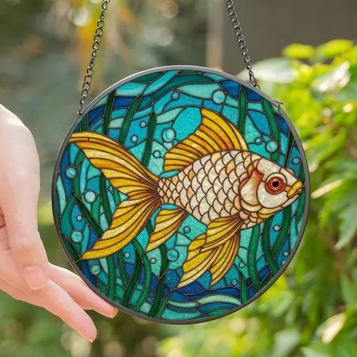 Aquatic Art Lovers' Glowing Tiffany Stained Glass Goldfish White Yellow Red-Orange Fins Underwater Mosaic Stained Glass Suncatcher