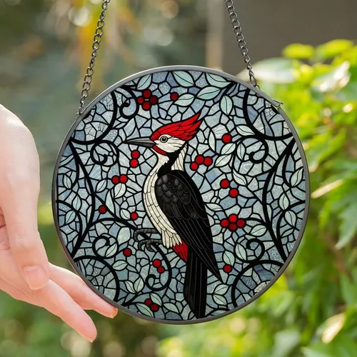 Nature Lovers' Tiffany Stained Glass Woodpecker Red Crest Black White Red Blue Jewel Tone Mosaic Art Stained Glass Suncatcher