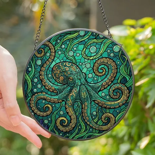 Ocean Lovers' Intricate Tiffany Stained Glass Octopus Emerald Turquoise Gold Navy Marine Art Stained Glass Suncatcher