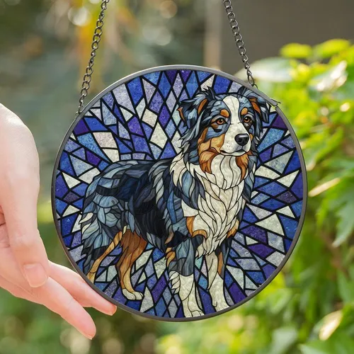 Australian Shepherd Lovers' Tiffany Style Stained Glass Blue Merle Aussie Dog Geometric Mosaic Jewel Tones Stained Glass Suncatcher