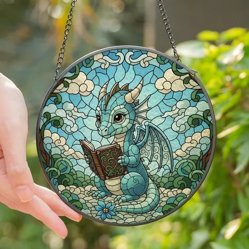 Fantasy Book Lovers' Chibi Dragon Tiffany Stained Glass Mosaic Blue Aqua Brown Green Jewel Tones Stained Glass Suncatcher