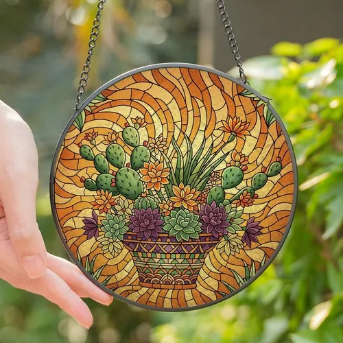 Nature Lovers' Tiffany Stained Glass Succulent Cactus Basket Mosaic Emerald Golden Orange Stained Glass Suncatcher