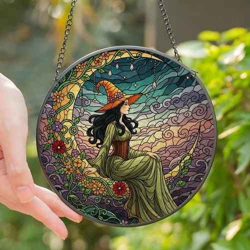 Mystic Souls' Tiffany Stained Glass Witch Crescent Moon, Emerald Green Orange Purple Jewel Tone Twilight Sky Mosaic Stained Glass Suncatcher