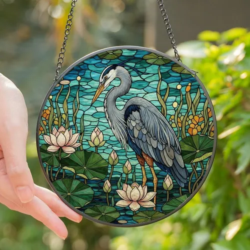 Nature Lovers' Tiffany Stained Glass Great Blue Heron Lotus Lily Aquatic Mosaic in Teal Blue Emerald Stained Glass Suncatcher