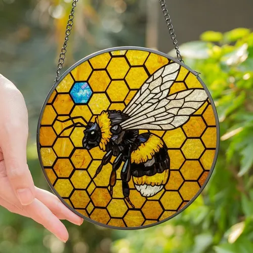 Nature Lovers' Tiffany Stained Glass Bumblebee Honeycomb Golden Amber Iridescent Blue Mosaic Stained Glass Suncatcher