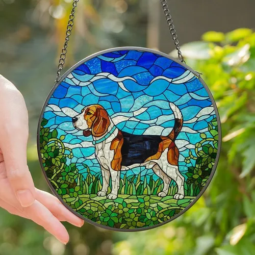Dog Owners' Intricate Stained Glass Beagle Dog Mosaic, Vibrant Tiffany Style Jewel Tones & Nature Art Stained Glass Suncatcher